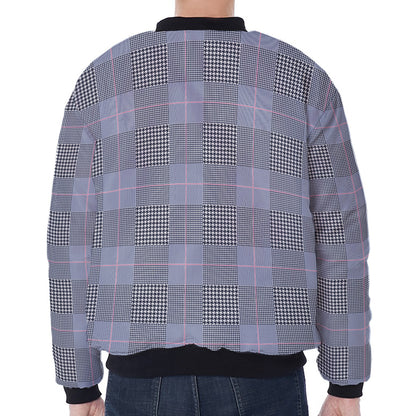Navy Blue Prince of Wales Check Print Zip Sleeve Bomber Jacket