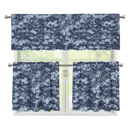 Navy Digital Camo Pattern Print 3 Piece Kitchen Curtains