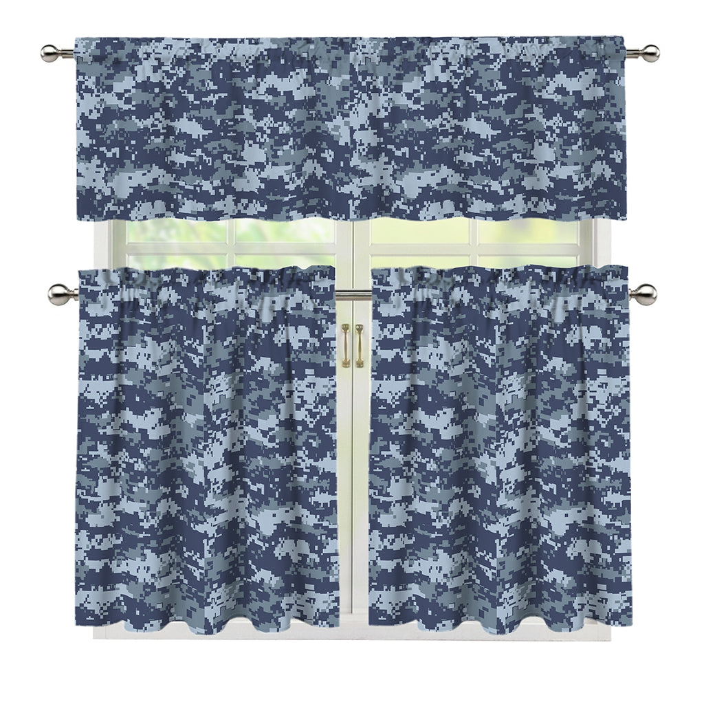 Navy Digital Camo Pattern Print 3 Piece Kitchen Curtains