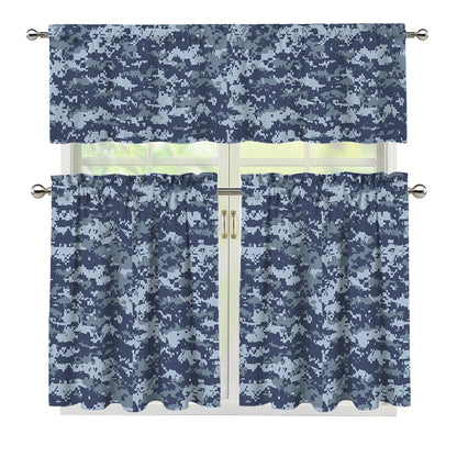 Navy Digital Camo Pattern Print 3 Piece Kitchen Curtains