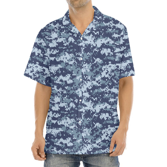 Navy Digital Camo Pattern Print Aloha Shirt