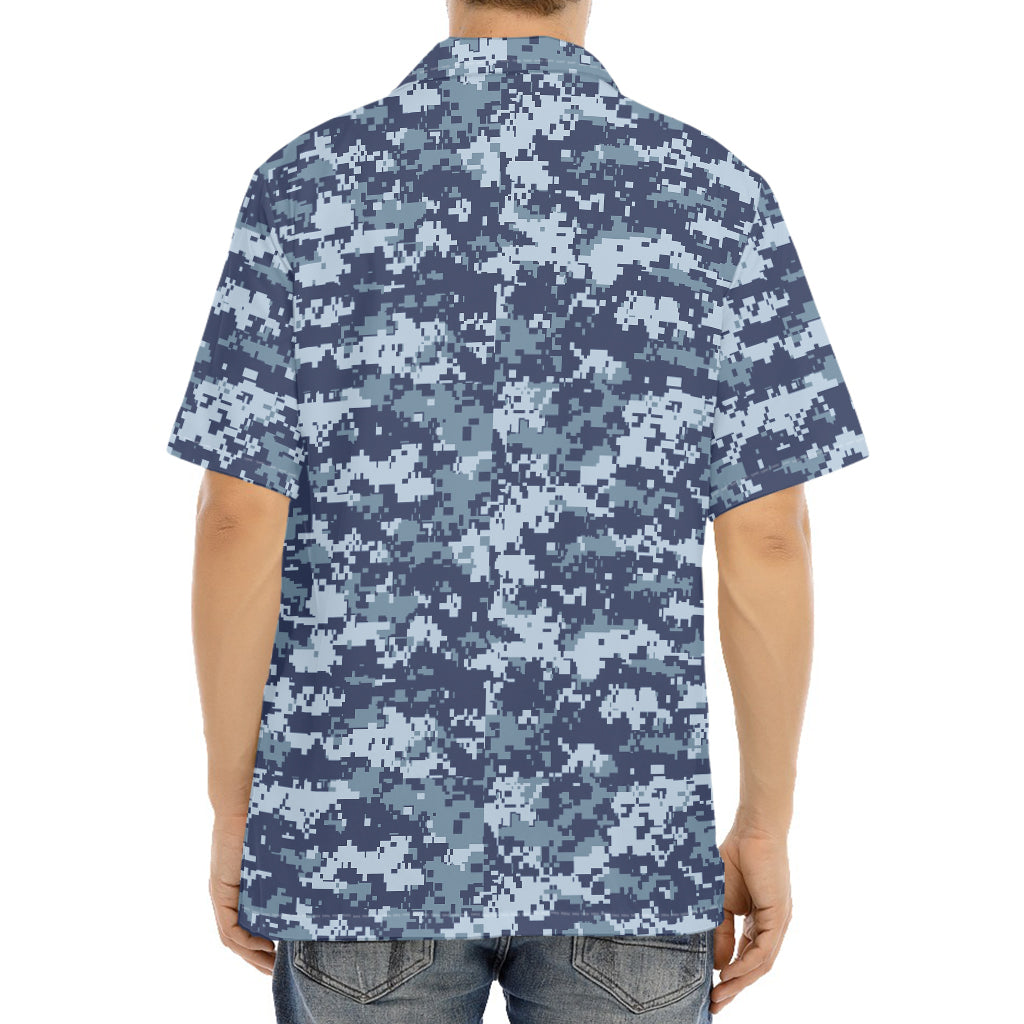 Navy Digital Camo Pattern Print Aloha Shirt