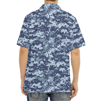 Navy Digital Camo Pattern Print Aloha Shirt
