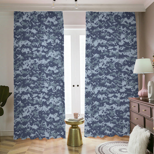 Navy Digital Camo Pattern Print Blackout Pencil Pleat Curtains
