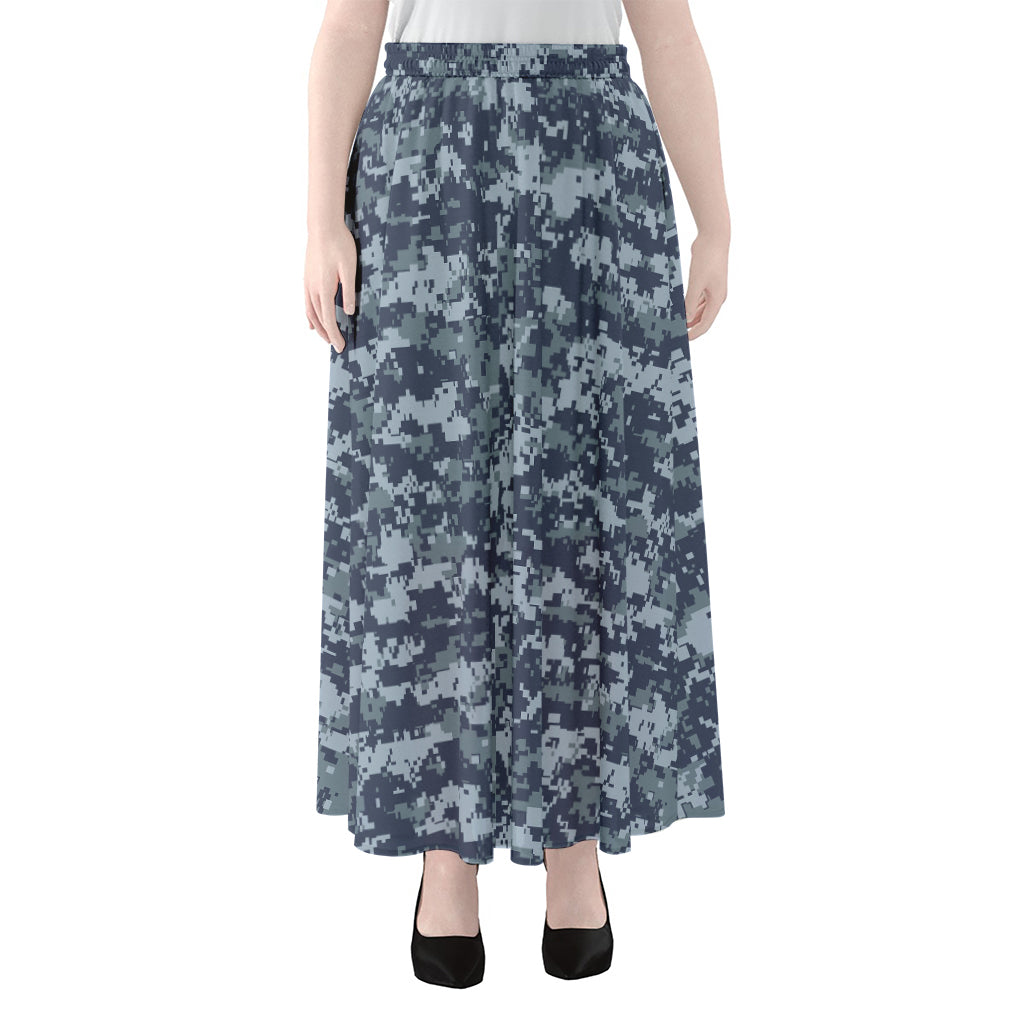 Navy Digital Camo Pattern Print Chiffon Maxi Skirt