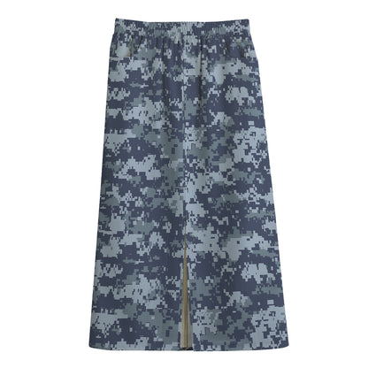 Navy Digital Camo Pattern Print Cotton Front Slit Maxi Skirt