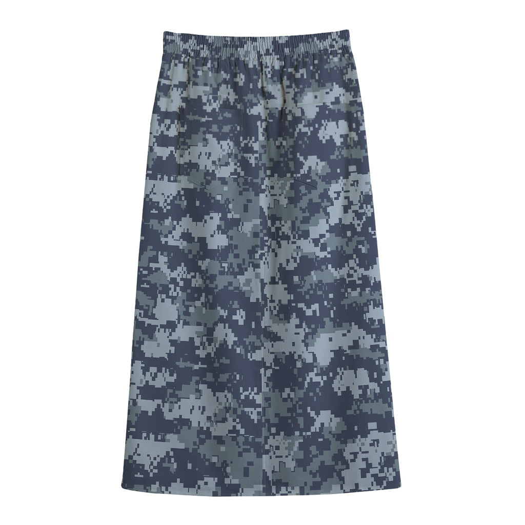 Navy Digital Camo Pattern Print Cotton Front Slit Maxi Skirt