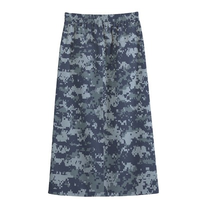 Navy Digital Camo Pattern Print Cotton Front Slit Maxi Skirt