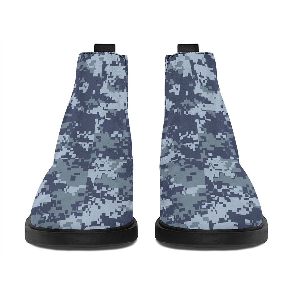 Navy Digital Camo Pattern Print Flat Ankle Boots