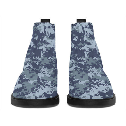 Navy Digital Camo Pattern Print Flat Ankle Boots