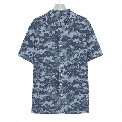 Navy Digital Camo Pattern Print Hawaiian Shirt