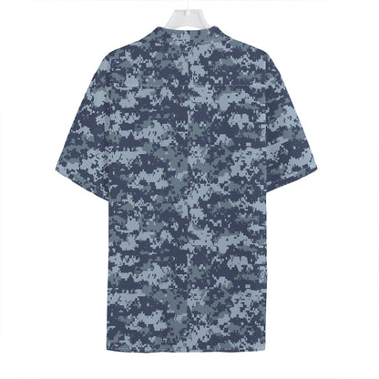 Navy Digital Camo Pattern Print Hawaiian Shirt