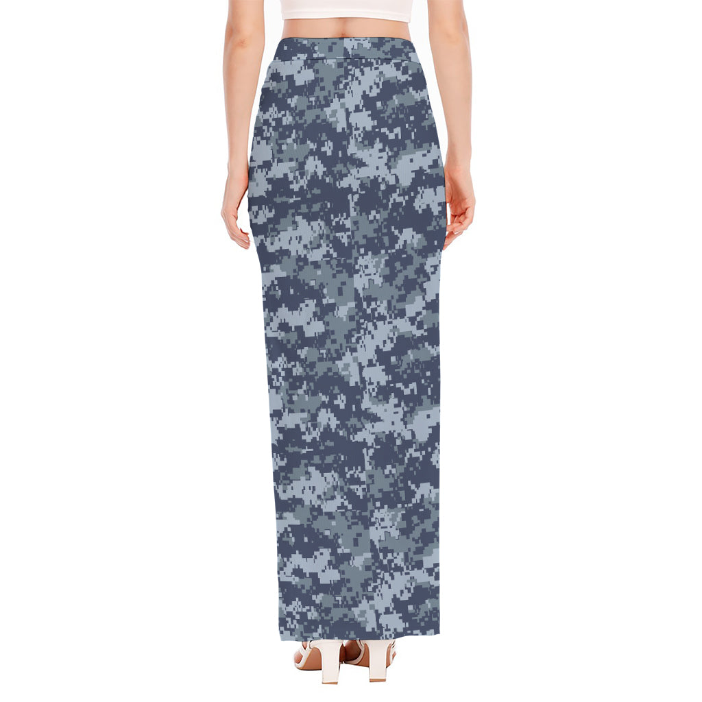 Navy Digital Camo Pattern Print High Slit Maxi Skirt