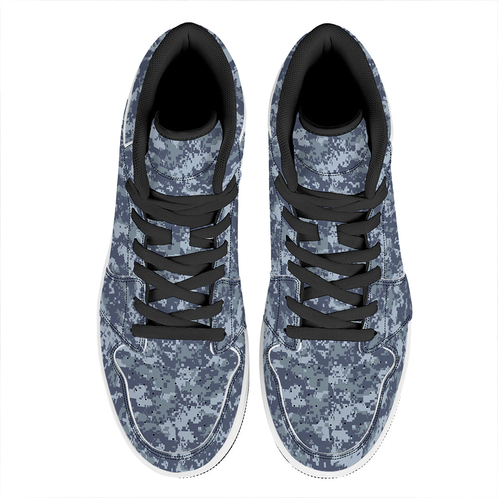 Navy Digital Camo Pattern Print High Top Leather Sneakers