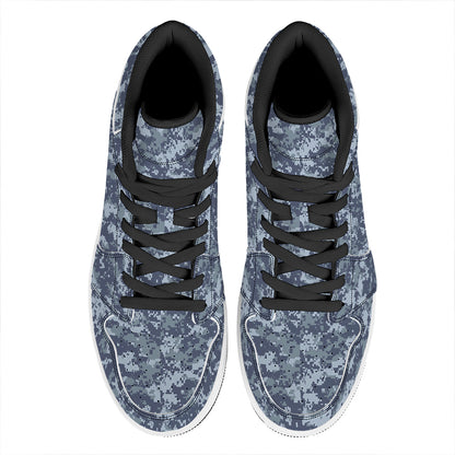Navy Digital Camo Pattern Print High Top Leather Sneakers