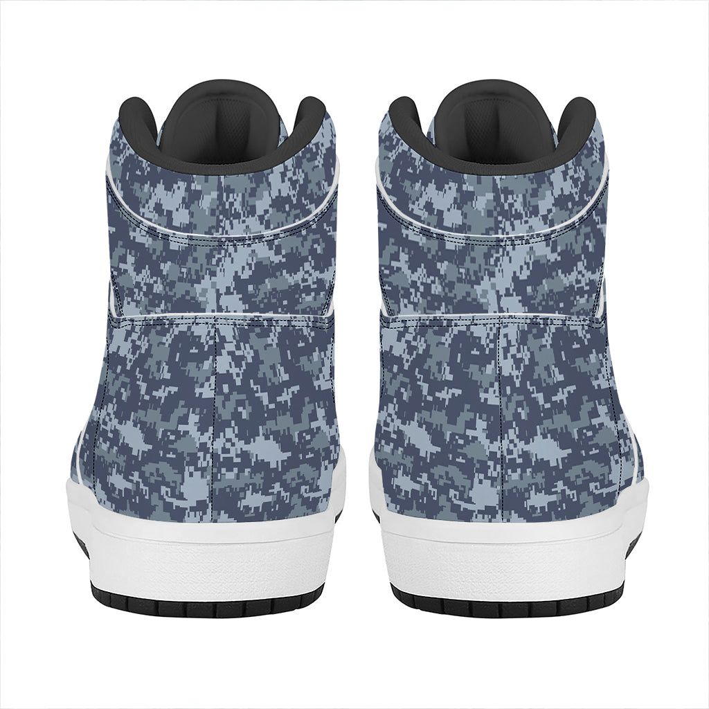 Navy Digital Camo Pattern Print High Top Leather Sneakers