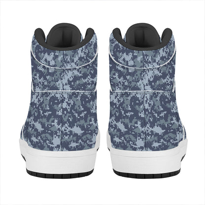 Navy Digital Camo Pattern Print High Top Leather Sneakers