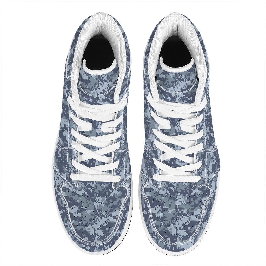 Navy Digital Camo Pattern Print High Top Leather Sneakers