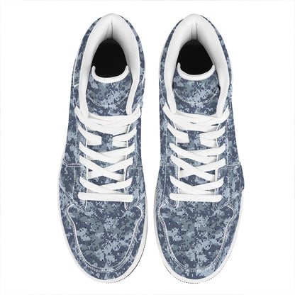 Navy Digital Camo Pattern Print High Top Leather Sneakers