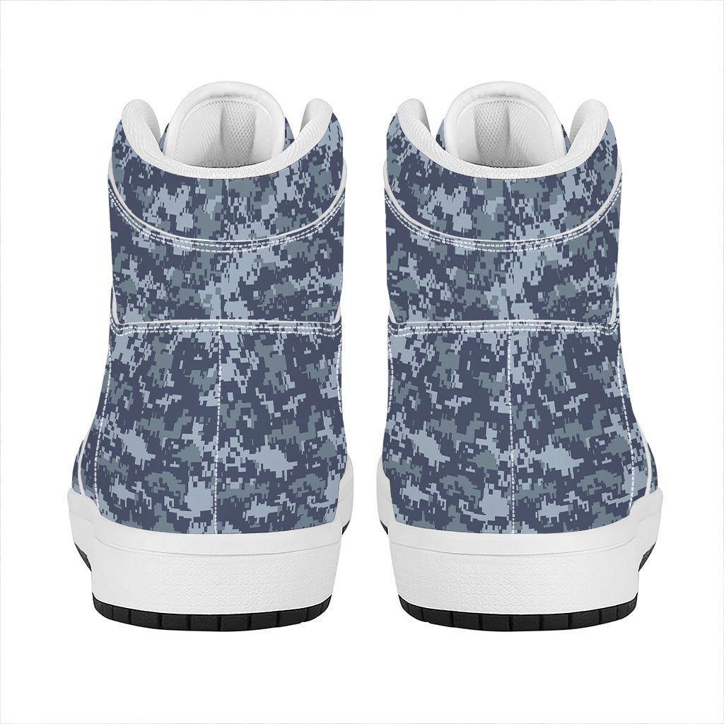 Navy Digital Camo Pattern Print High Top Leather Sneakers