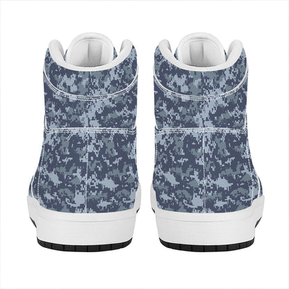Navy Digital Camo Pattern Print High Top Leather Sneakers