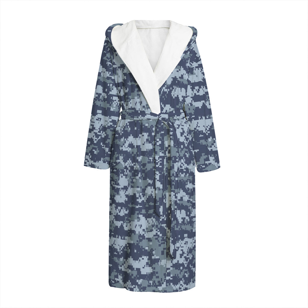 Navy Digital Camo Pattern Print Hooded Bathrobe