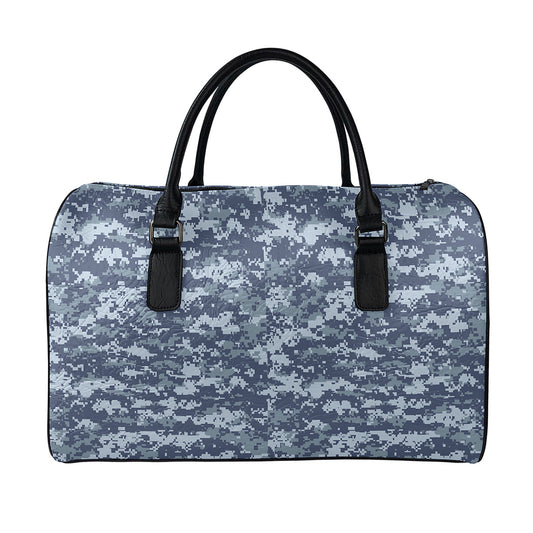 Navy Digital Camo Pattern Print Leather Duffle Bag