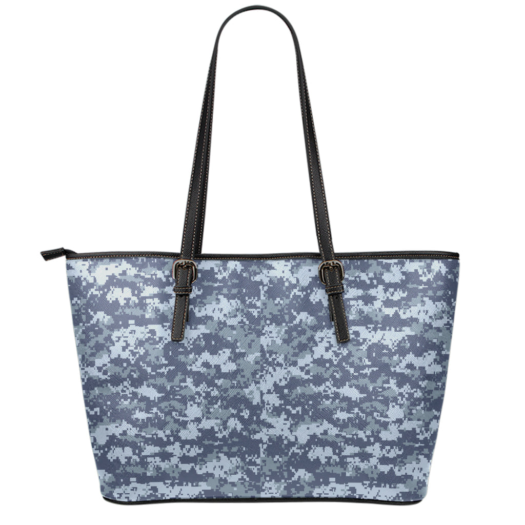 Navy Digital Camo Pattern Print Leather Tote Bag