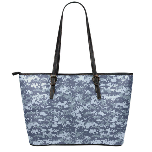 Navy Digital Camo Pattern Print Leather Tote Bag