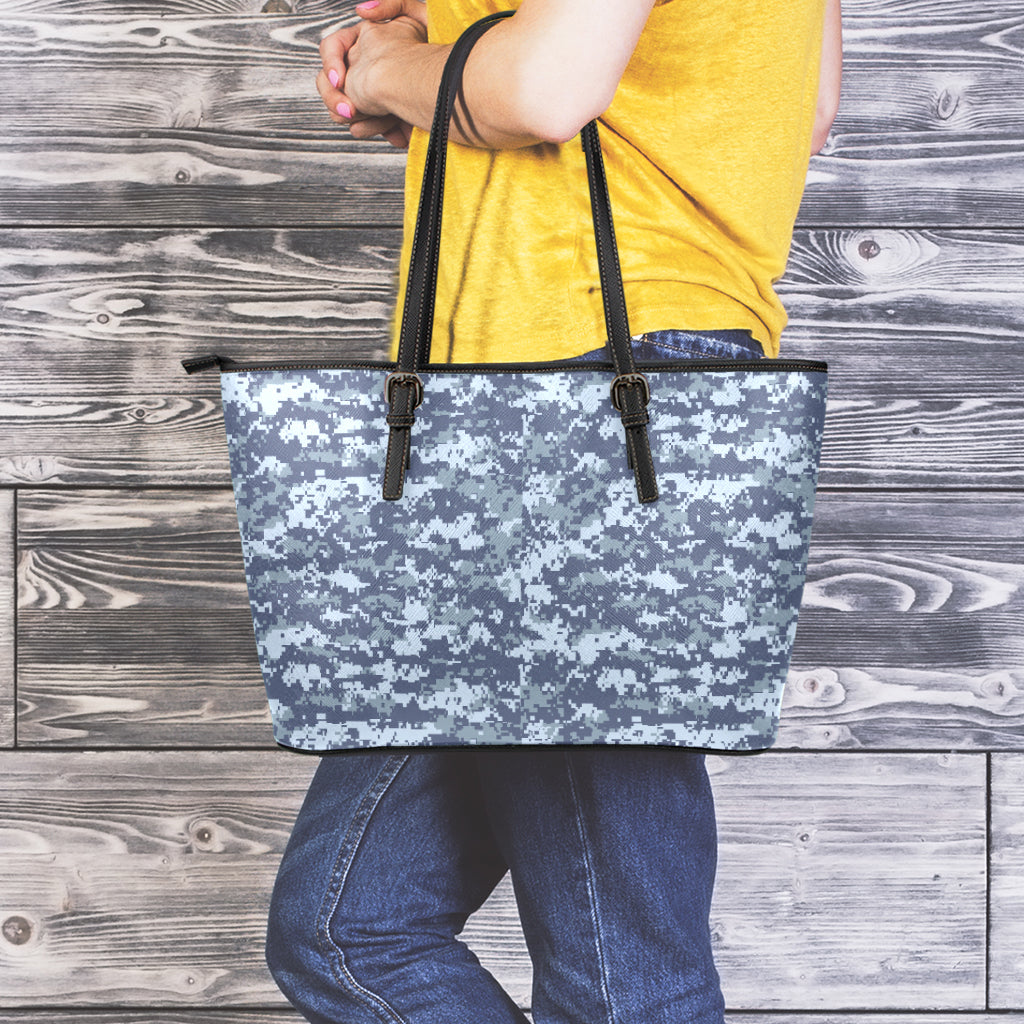 Navy Digital Camo Pattern Print Leather Tote Bag