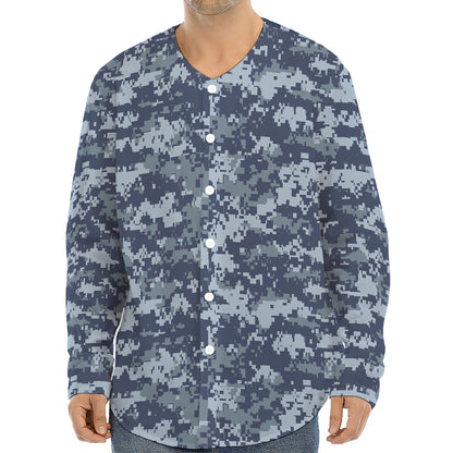 Navy Digital Camo Pattern Print Long Sleeve Baseball Jersey