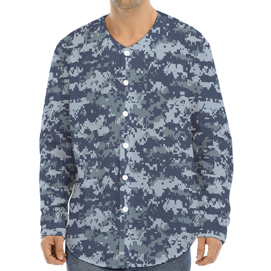 Navy Digital Camo Pattern Print Long Sleeve Baseball Jersey