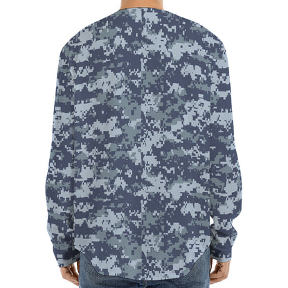 Navy Digital Camo Pattern Print Long Sleeve Baseball Jersey