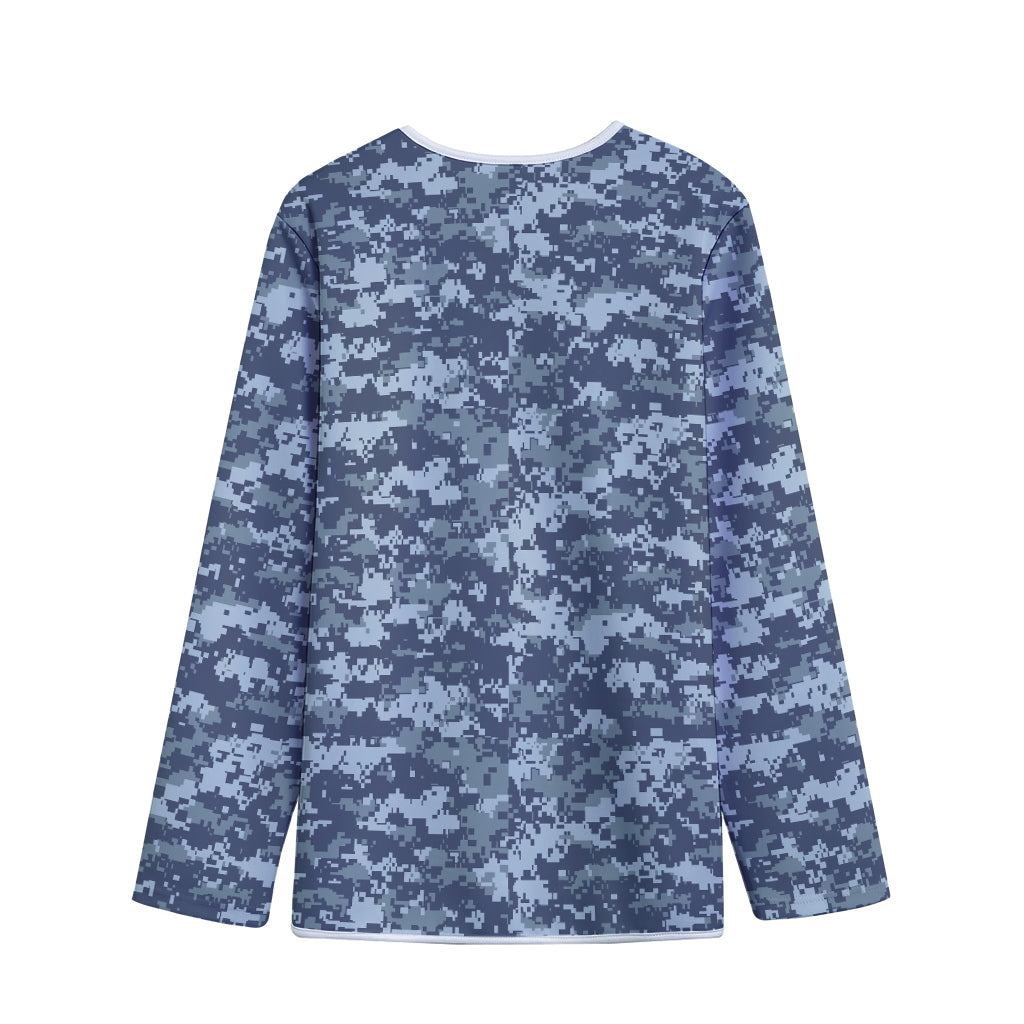 Navy Digital Camo Pattern Print Long Sleeve Short Coat