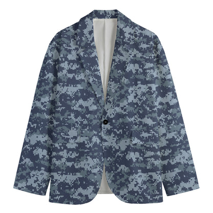 Navy Digital Camo Pattern Print Men's Cotton Blazer