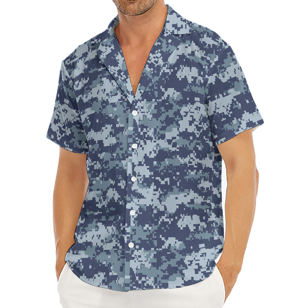 Navy Digital Camo Pattern Print Men's Deep V-Neck Shirt