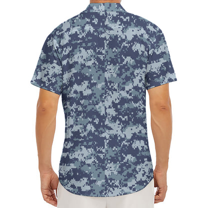 Navy Digital Camo Pattern Print Men's Deep V-Neck Shirt