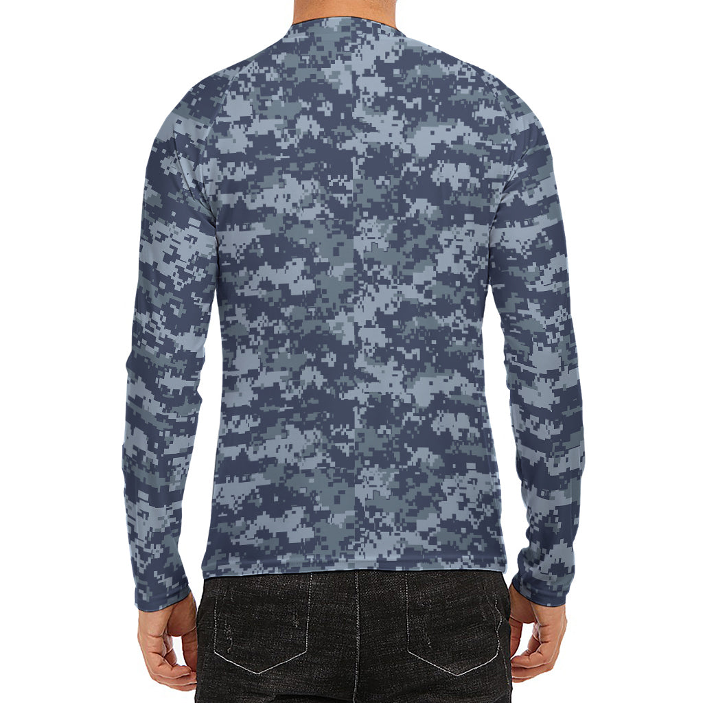 Navy Digital Camo Pattern Print Men's Long Sleeve Rash Guard