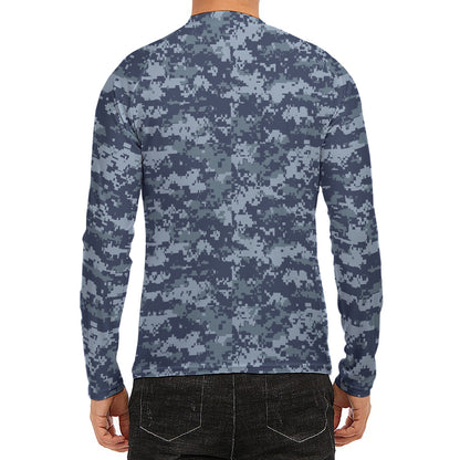 Navy Digital Camo Pattern Print Men's Long Sleeve Rash Guard