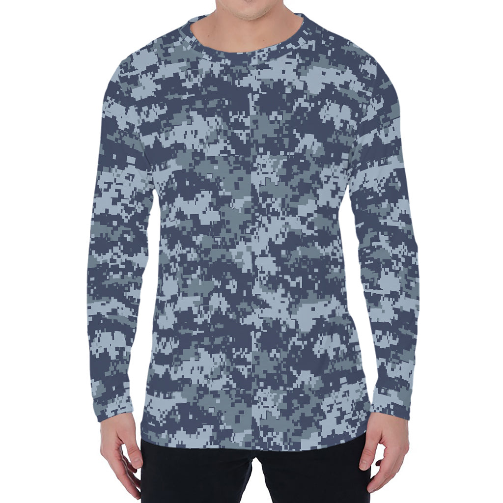 Navy Digital Camo Pattern Print Men's Long Sleeve T-Shirt