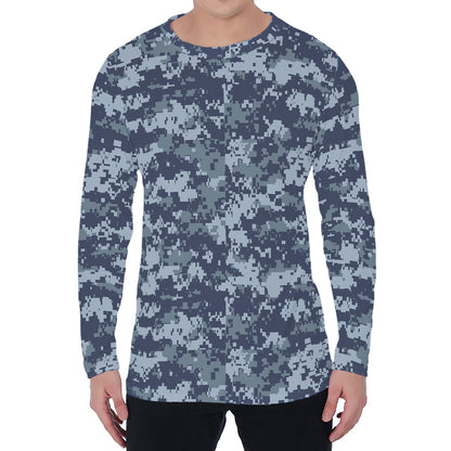 Navy Digital Camo Pattern Print Men's Long Sleeve T-Shirt