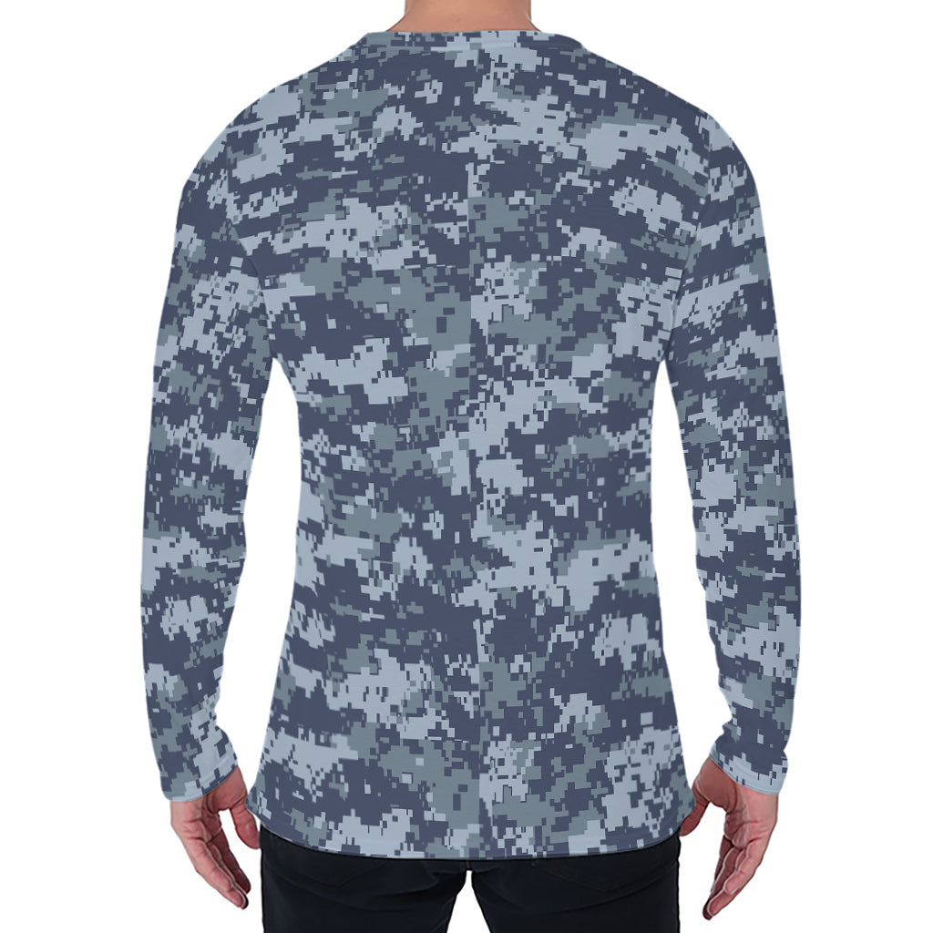 Navy Digital Camo Pattern Print Men's Long Sleeve T-Shirt