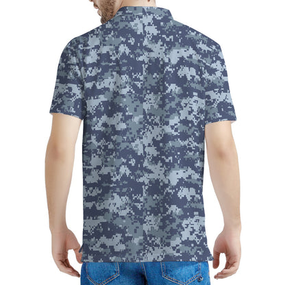 Navy Digital Camo Pattern Print Men's Polo Shirt