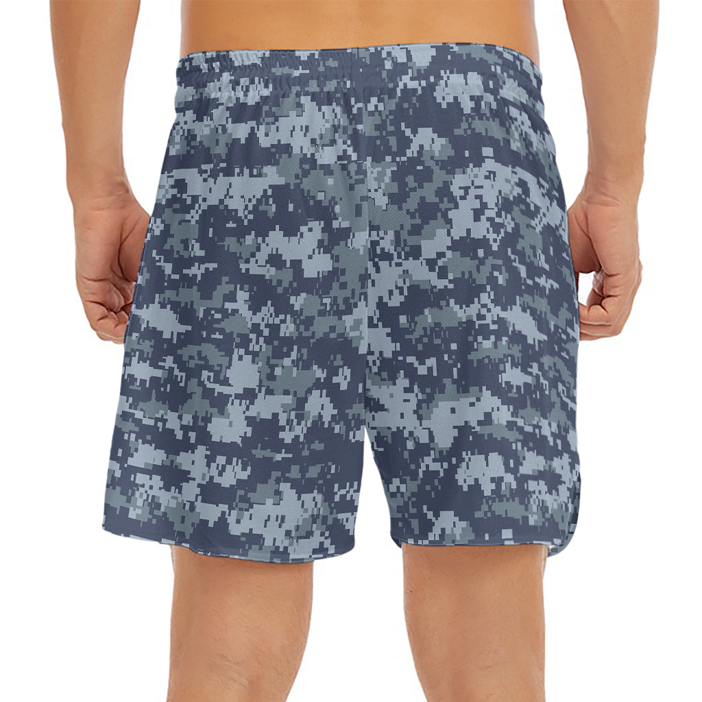Navy Digital Camo Pattern Print Men's Split Running Shorts