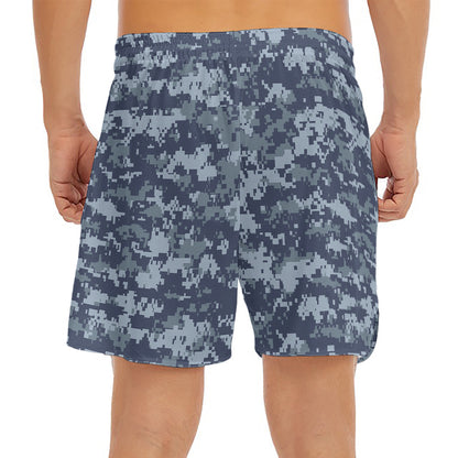 Navy Digital Camo Pattern Print Men's Split Running Shorts