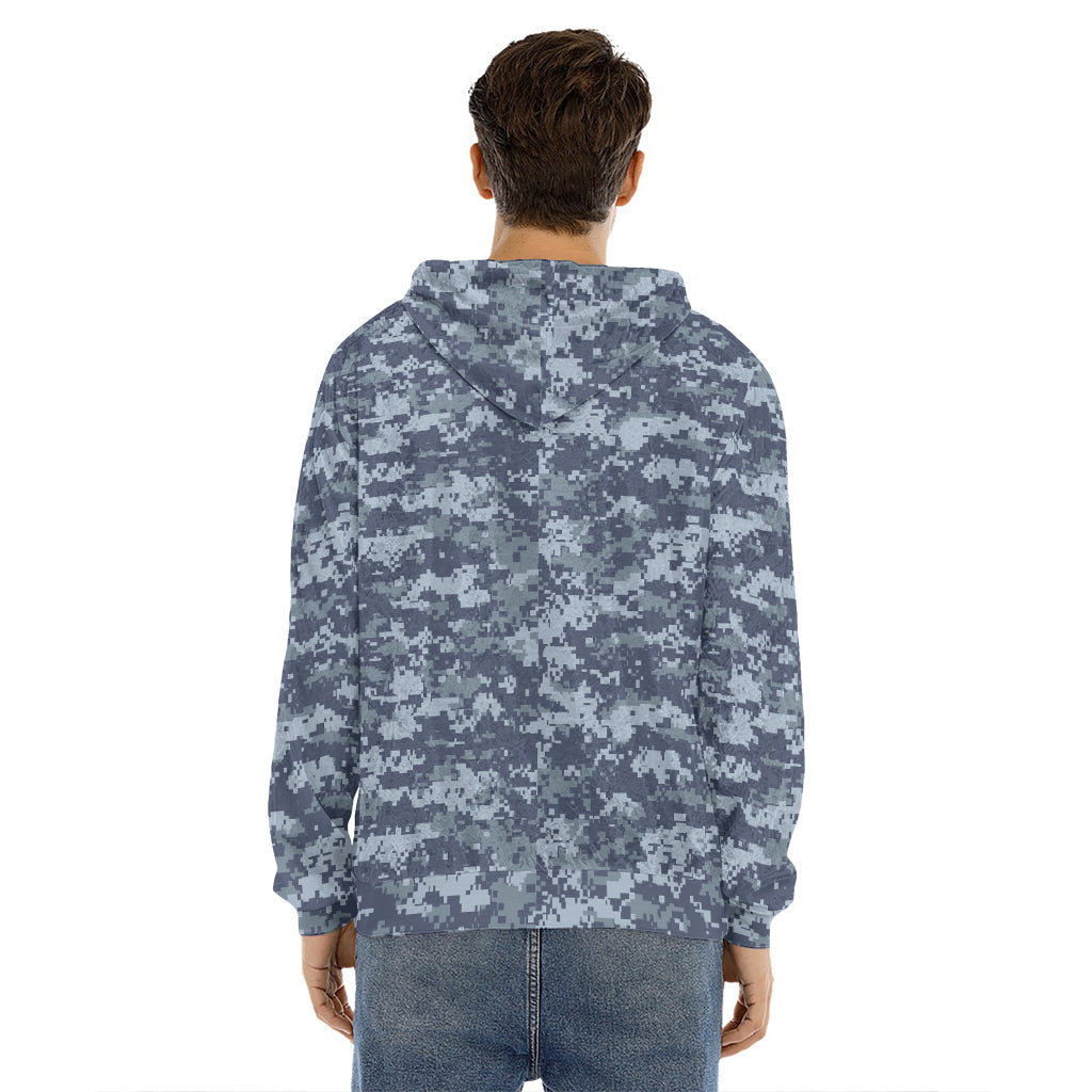 Navy Digital Camo Pattern Print Men's Velvet Pullover Hoodie