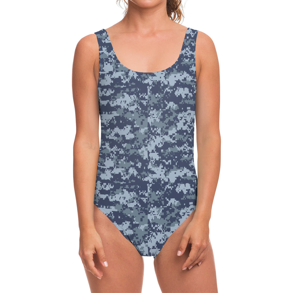 Navy Digital Camo Pattern Print One Piece Swimsuit
