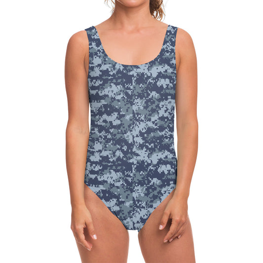 Navy Digital Camo Pattern Print One Piece Swimsuit