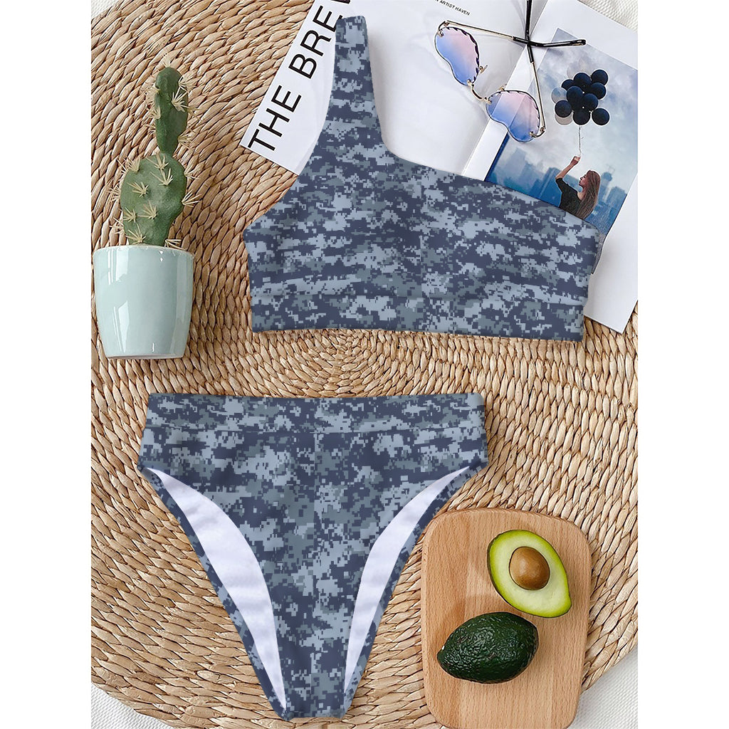 Navy Digital Camo Pattern Print One Shoulder Bikini Top