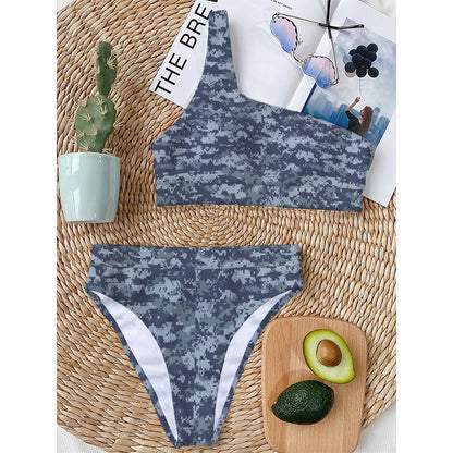 Navy Digital Camo Pattern Print One Shoulder Bikini Top